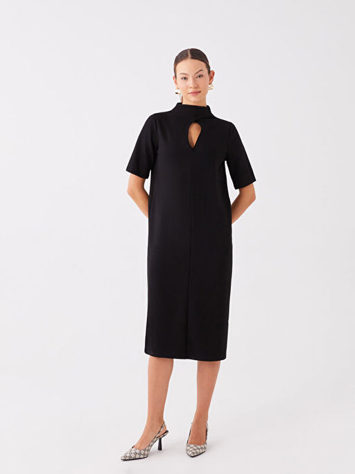 Dik Yaka D?z K?sa Kollu Elbise