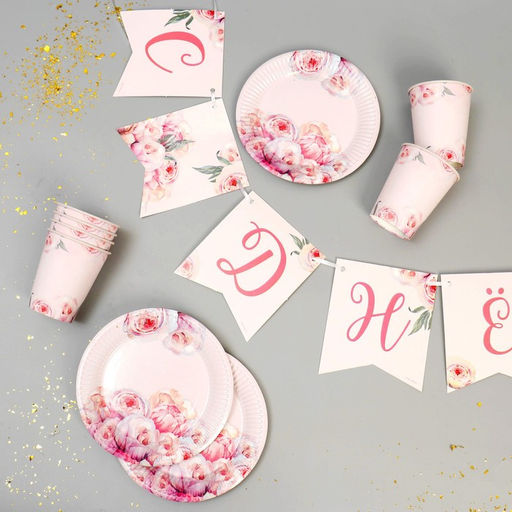 Посуда бумажная одноразовая «Нежные пионы», 6 тарелок, 6 стаканов, гирлянда