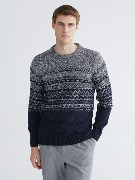 Bisiklet Yaka Desenli Erkek Triko Kazak