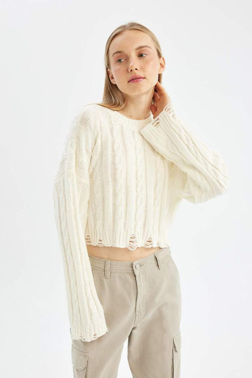 Трикотажный свитер обычного кроя с круглым вырезом - Defacto фото 3