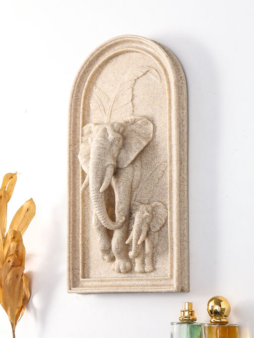 Панно интерьерное полистоун "Слон со слонёнком в джунглях" песочный 19,2х7,4х37,2 см