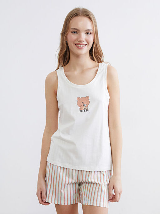 U Yaka Bask?l? Kad?n ?ortlu Pijama Tak?m?