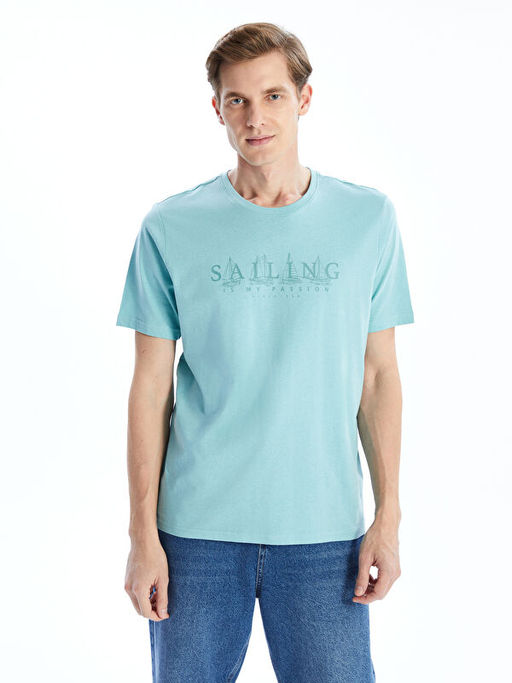 Bisiklet Yaka Bask?l? Penye Erkek Ti??rt