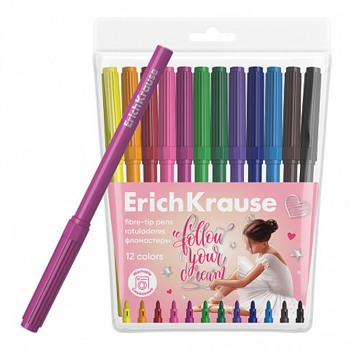 АКЦИЯ Цена за 12 шт. Фломастеры ErichKrause Pointes, 12 цветов (в футляре с европодвесом 12 шт)