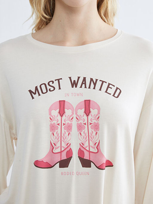 Bisiklet Yaka Bask?l? Kad?n Pijama Tak?m?