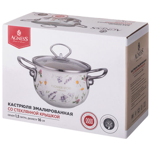 КАСТРЮЛЯ AGNESS ЭМАЛИРОВАННАЯ СО СТЕКЛЯННОЙ КРЫШКОЙ СЕРИЯ FLOWER STORY, 1,5 Л ДИА. 16СМ  фото 5