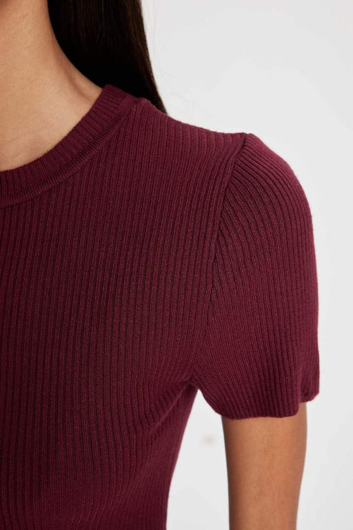 Укороченный свитер в рубчик с короткими рукавами и круглым вырезом - Defacto фото 5