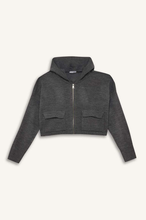 Regular Fit Kapusonlu Basic Duz Fermuarl? Triko H?rka - Defacto фото 2