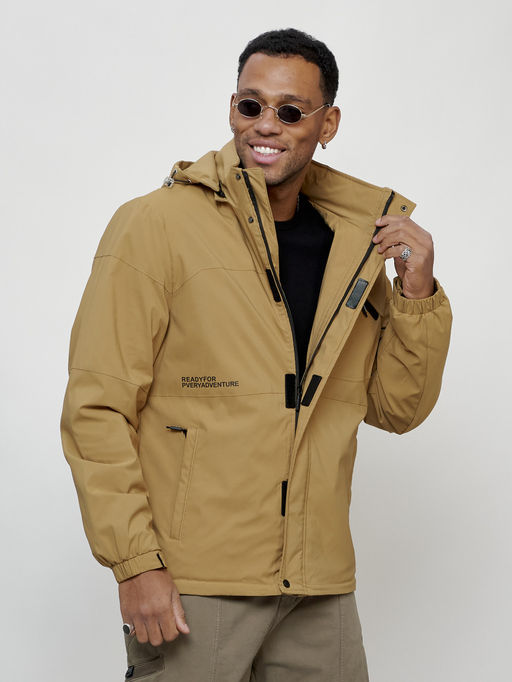 Куртка спортивная мужская весенняя с капюшоном бежевого цвета 88021B