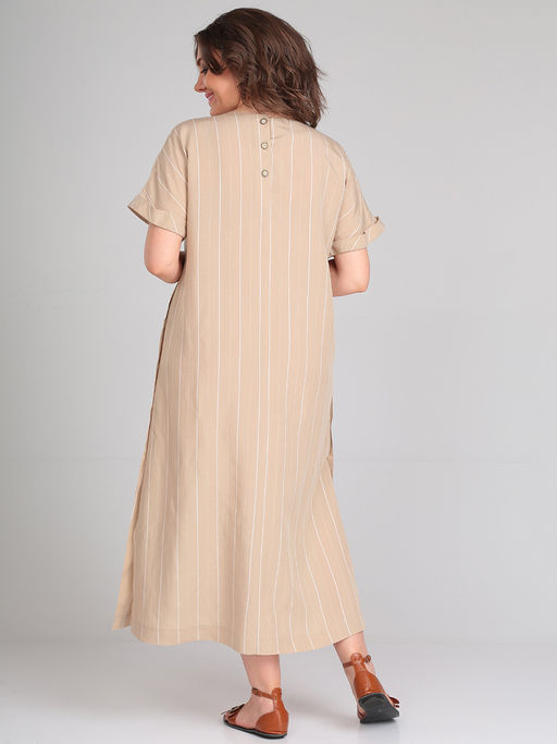 Платье длинное бежевое в белую полоску для полных - Almond фото 5