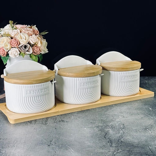 140-085 Набор из 3 банок 420 мл с ложками на подставке BAMBOO в под.уп.(х8)Фарфор,бамбук