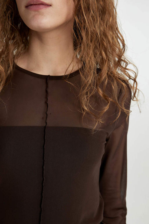 Повседневная футболка из тюля с длинными рукавами и круглым вырезом Slim Fit - Defacto фото 5