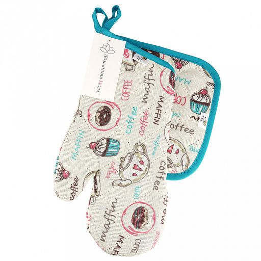 Кухонный комплект "Вкусняшки": прихватка-варежка 15х30см + прихватка 20х20см, рогожка 171г/м2, хлопок 100%, наполнитель - ватин 280г/м2, на пластмассовом подвесе, "Домашняя мода" (Россия)