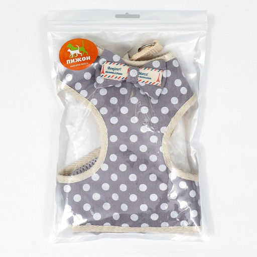 Комплект с мягкой шлейкой Горох, размер М, поводок 120 х 1,5 см, ОГ 34-66 см, серый - Пижон фото 10