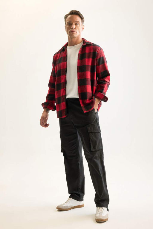 Мужская красная фланелевая рубашка с длинными рукавами и воротником-поло стандартного кроя в клетку Lumberjack - Defacto фото 2