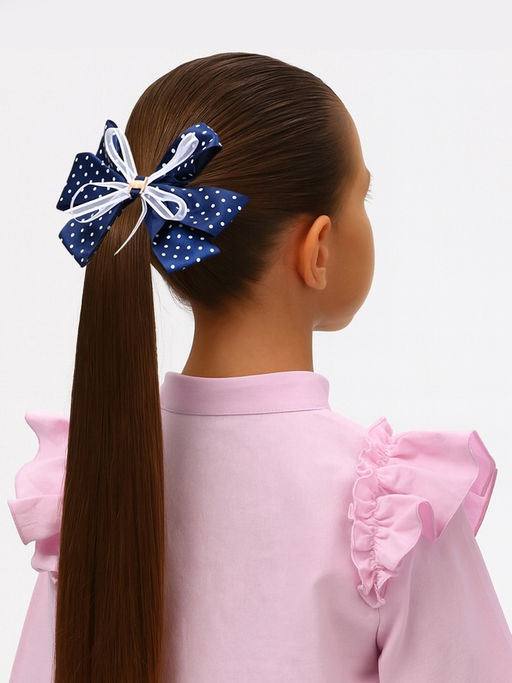 Цена за 6 шт. Бант для волос на резинке «Школьница», белый горошек, 14 см, бело-синий