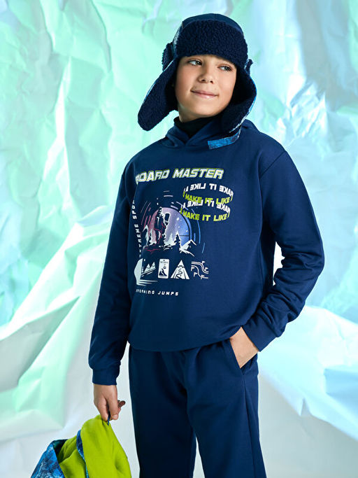 Kap??onlu Bask?l? Uzun Kollu Erkek ?ocuk Sweatshirt ve E?ofman Alt? - Waikiki фото 2