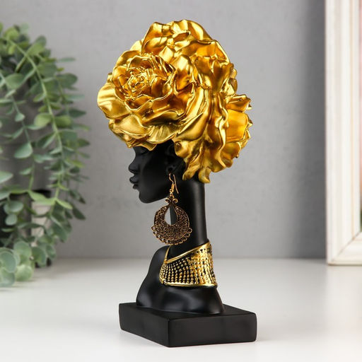 Фигурка полистоун «Бюст. Африканка с золотыми розами в волосах, с ожерельем», чёрный, 24×10×11 см
