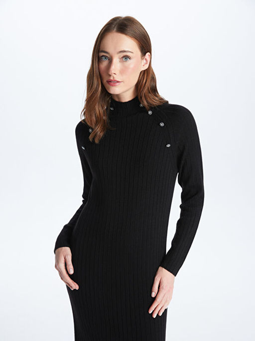 Dik Yaka Ta? ??lemeli Uzun Kollu Kad?n Triko Elbise