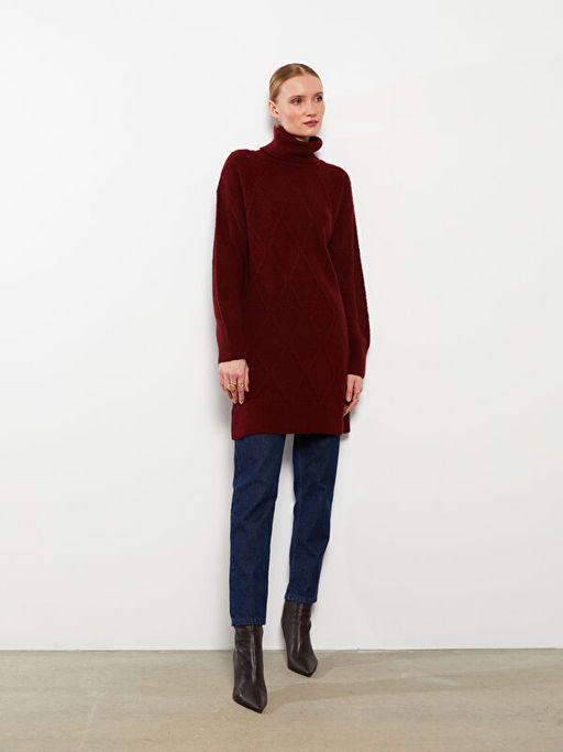 Bal?k?? Yaka Kendinden Desenli Uzun Kollu Kad?n Tunik