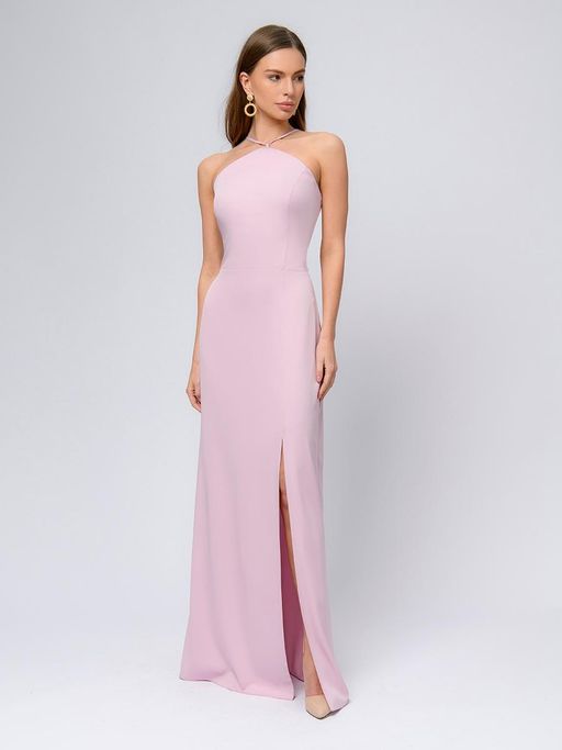 Платье цвета пыльной розы длины макси с разрезом на юбке и открытыми плечами - 1001dress фото 4