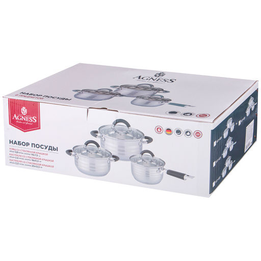 НАБОР КАСТРЮЛЬ И КОВШ AGNESS СО СТЕКЛ.КРЫШКАМИ 6ПР.0,9/2,6/3,5 Л. РАЗМЕР 14X7,5/18X11,5/20X12.5 СМ  фото 2