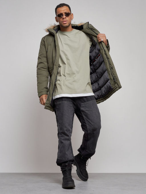 Парка мужская зимняя удлиненная с мехом цвета хаки 8318Kh - Wonderrman фото 14