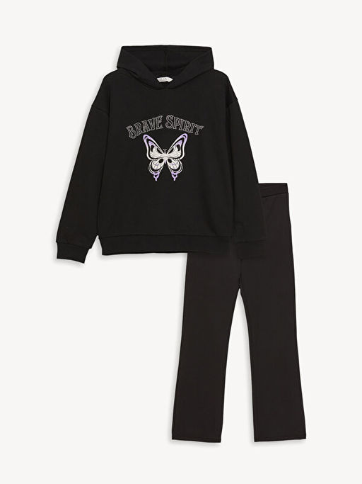 Bask?l? Uzun Kollu K?z ?ocuk Hoodie ve Tayt