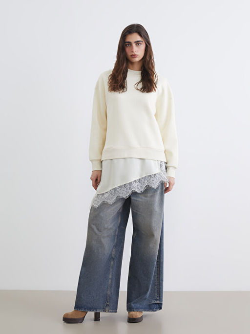 Dantel Detayl? Oversize Kad?n Kal?n Sweatshirt
