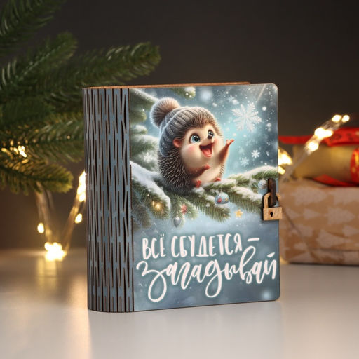 Новогодняя деревянная шкатулка-книга «Ёж» 14×12х5 см