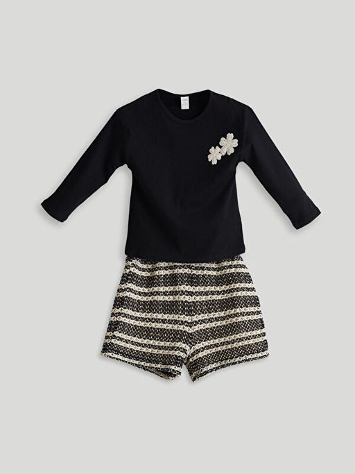 ?i?ekli K?z ?ocuk Krinkle Bluz ve ?ort 2li