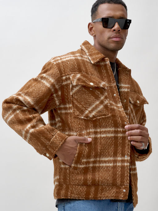 Куртка рубашка шерстяная в клетку мужская демисезонная горчичного цвета 58596G