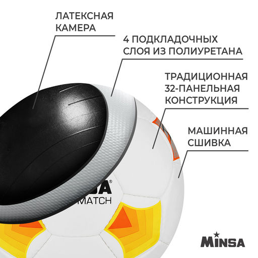 Мяч футбольный MINSA Futsal Match, PU, машинная сшивка, 32 панели, р. 4  фото 3