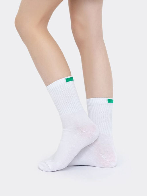 Цена за 5 пар! Детские высокие носки белого цвета с зеленым прямоугольником