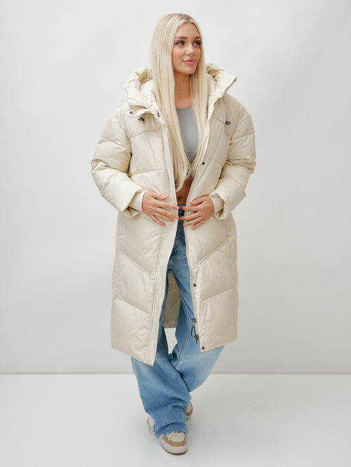 Пальто летучая мышь женское с капюшоном зимнее бежевого цвета 9616B - Mtforce фото 15