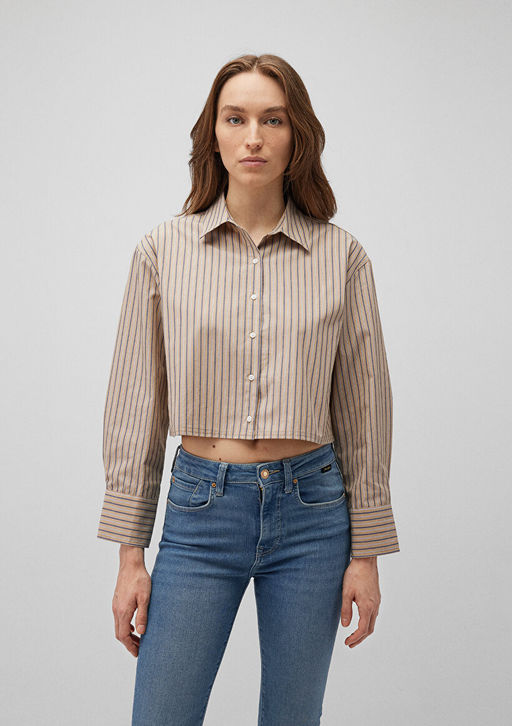 Cizgili Bej Crop Gomlek