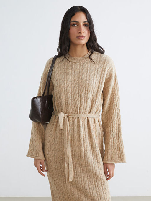 Bisiklet Yaka Kendinden Desenli Ku?akl? Triko Elbise