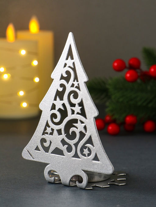 Подсвечник на 1 свечу Ёлка новогодняя со звёздами, металл, серебряный, 6.6?9?12.5 см