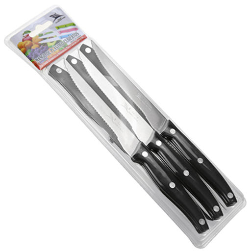 Нож для мяса 11см из нержавеющей стали, пластмассовая ручка, с зубчиками "Пират" (Китай) Цена указана за штуку. В блистере 6 штук.