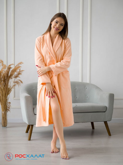 Женский махровый халат с шалькой персиковый МЗ-02 (32)