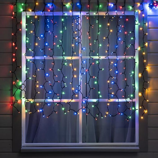 Гирлянда «Занавес» 2×1.5 м, IP65, УМС, тёмная нить каучук, 300 LED, свечение мульти, 220 В