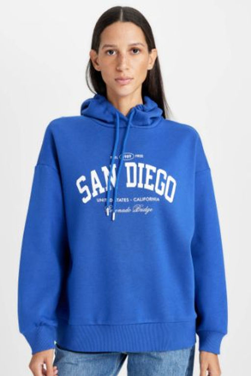 Oversize Genis Kal?p Kapusonlu Bask?l? Kal?n Sweatshirt