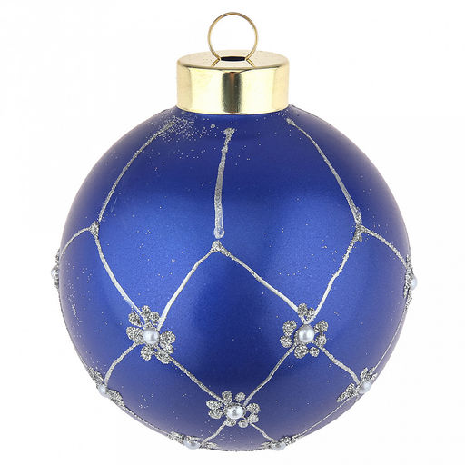Елочная игрушка шар стеклянная д9,5см, синий металлик, ручная художественная роспись, подарочная упаковка (Россия)