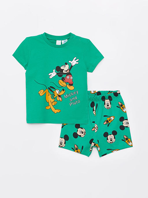 Bisiklet Yaka K?sa Kollu Mickey Mouse Bask?l? Erkek Bebek ?ortlu Pijama Tak?m?