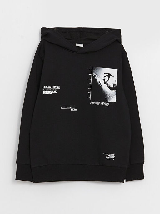 Bask?l? Uzun Kollu Erkek ?ocuk Hoodie