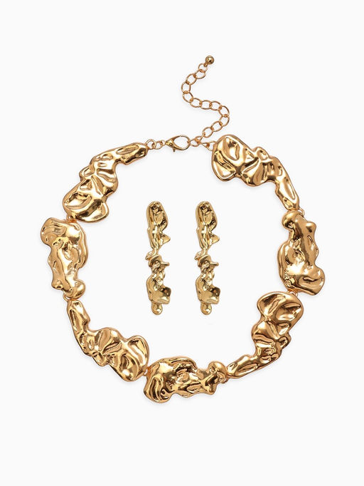Набор 2 предмета: серьги, колье Мятое, 35 см, серьги 6 см, цвет золото