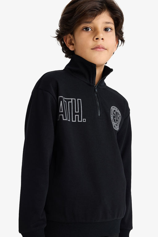 Yar_m Fermuarl_ Dik Yaka S_rt Bask_l_ Sweatshirt Erkek _ocuk - Defacto фото 4