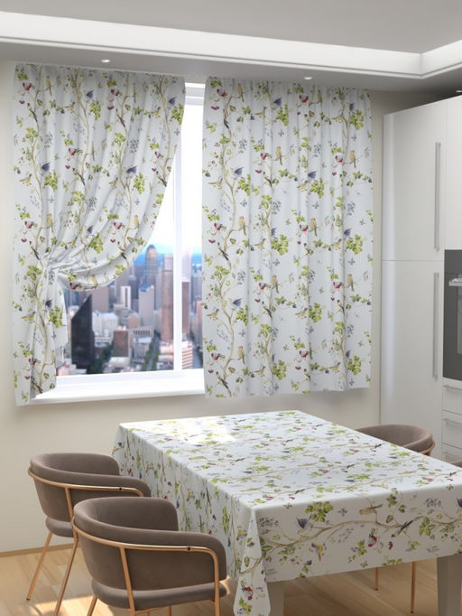 Фотошторы для кухни Птички на дереве 3 Шторы (Габардин)+Скатерть (145*200)