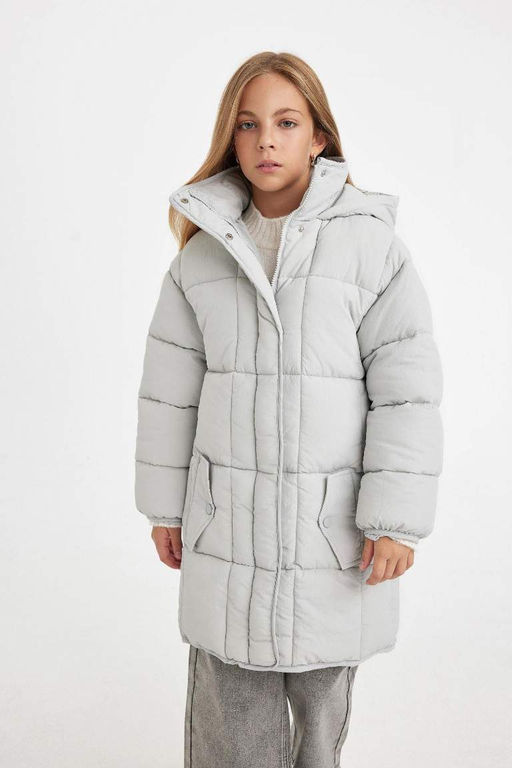 Водоотталкивающая легкая длинная куртка-пуховик с капюшоном и карманом на молнии для девочек - Defacto фото 8
