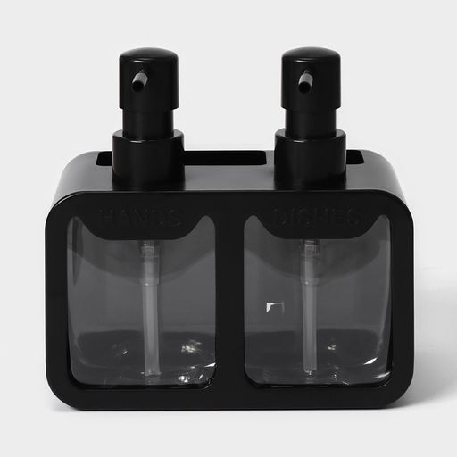 Двойной дозатор для мыла и моющего средства, с губкой в комплекте, по 300 мл, чёрный